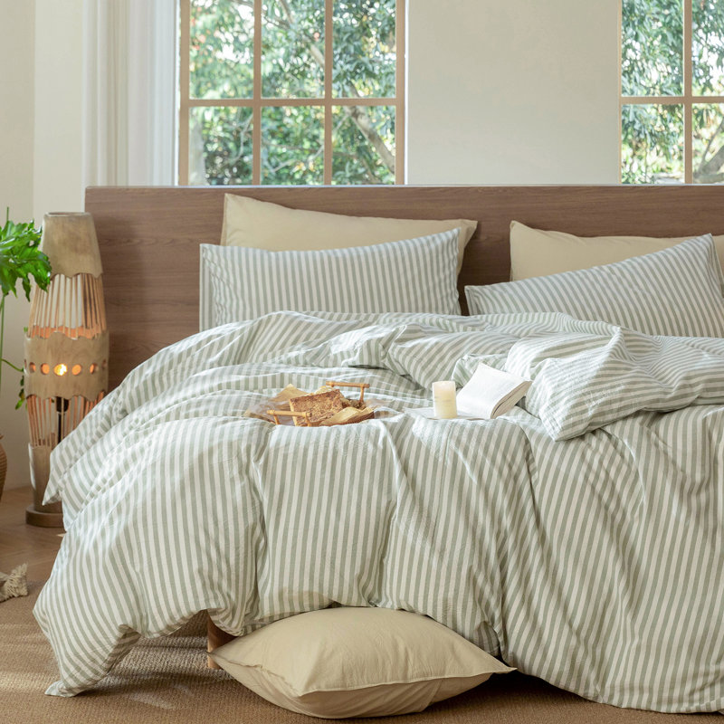MooMee Striped Duvet Cover Set 100% Washed Cotton Linen Like Textured, King Duvet Cover + 2 King Pillowcases