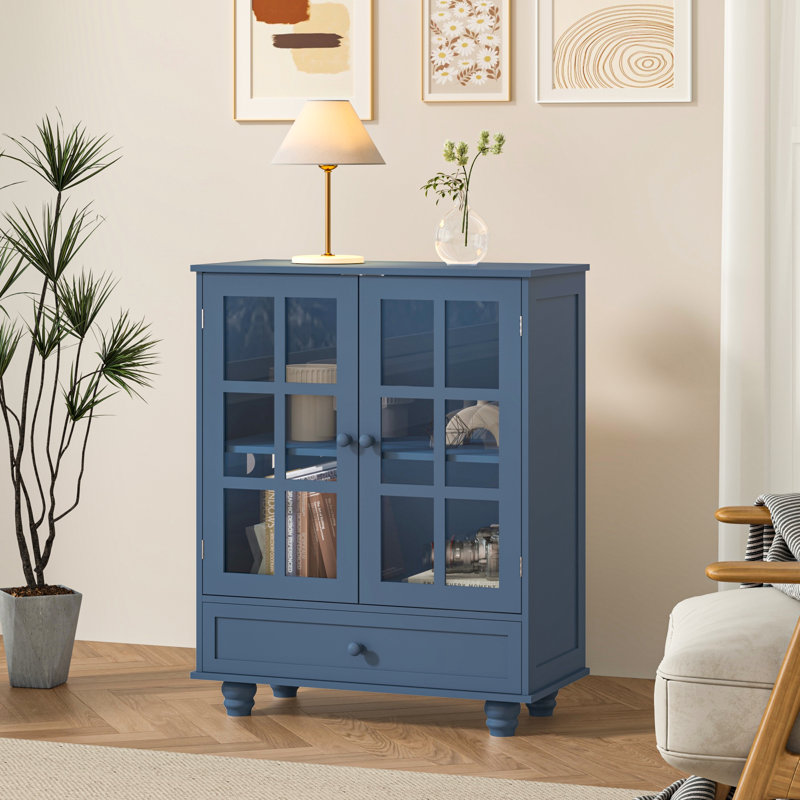 31.5" Blue Kitchen Pantry Cabinet with Glass Doors, Drawer & Adjustable Shelves, Small Food Pantry Storage Cabinet, Coffee Bar Cabinet, Buffet Cabinet for Kitchen Dining Room