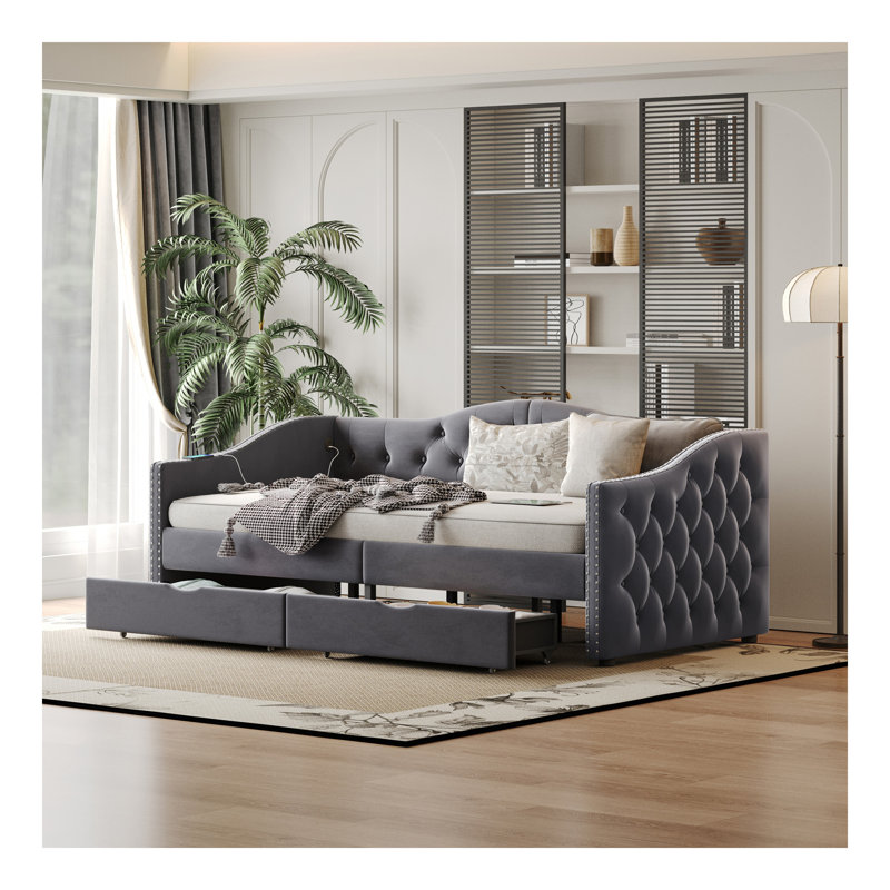 Lit de jour rembourré avec tiroirs de rangement, lit de jour simple en bois, sans sommier tapissier, gris