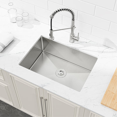 Évier de cuisine en acier inoxydable, lavabo simple encastré à la main en nickel brossé de 27 po x 19 po, avec bonde et crochet standards américains
