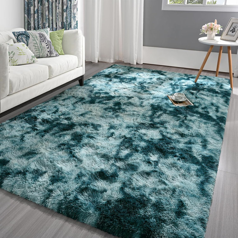 Tapis à poil long Antonije Tie Dye, Rectangle 2 pi 11 po x 5 pi 1 po, Bleu paon