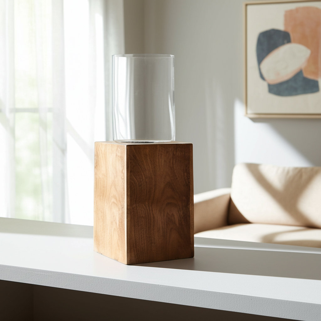 Faina Mango Wood Hurricane Holder, 15" H x 6" W x 6" D