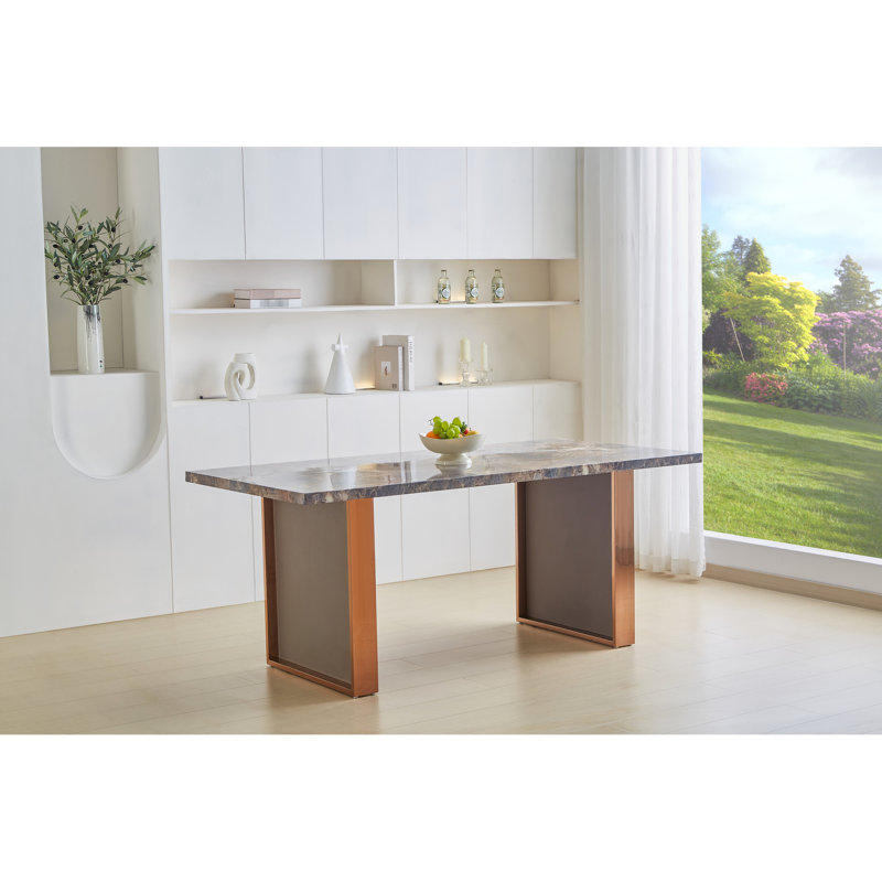 Table de salle à manger rectangulaire de style luxueux avec pieds en acier inoxydable et plateau en pierre de taille L 70,8 po x l 35,4 po H 29,8 po. Assise facile à assembler.
