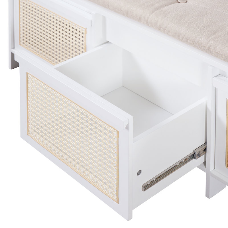 Banc à chaussures de rangement Waverly en rotin avec trois tiroirs et coussin capitonné, Blanc