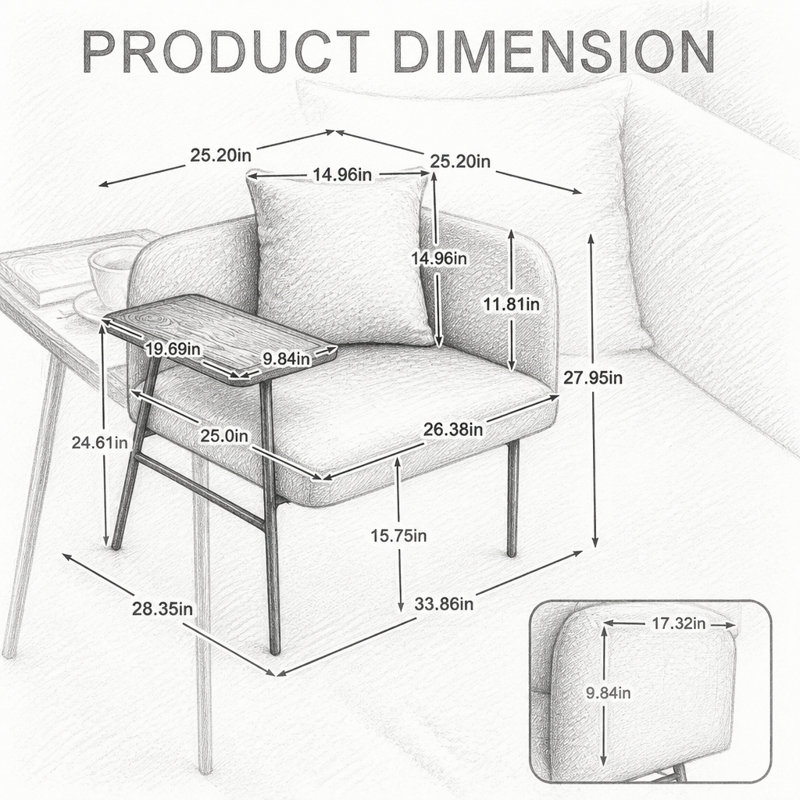 Fauteuil lounge moderne avec table d'appoint et poches de rangement, Tissu kaki