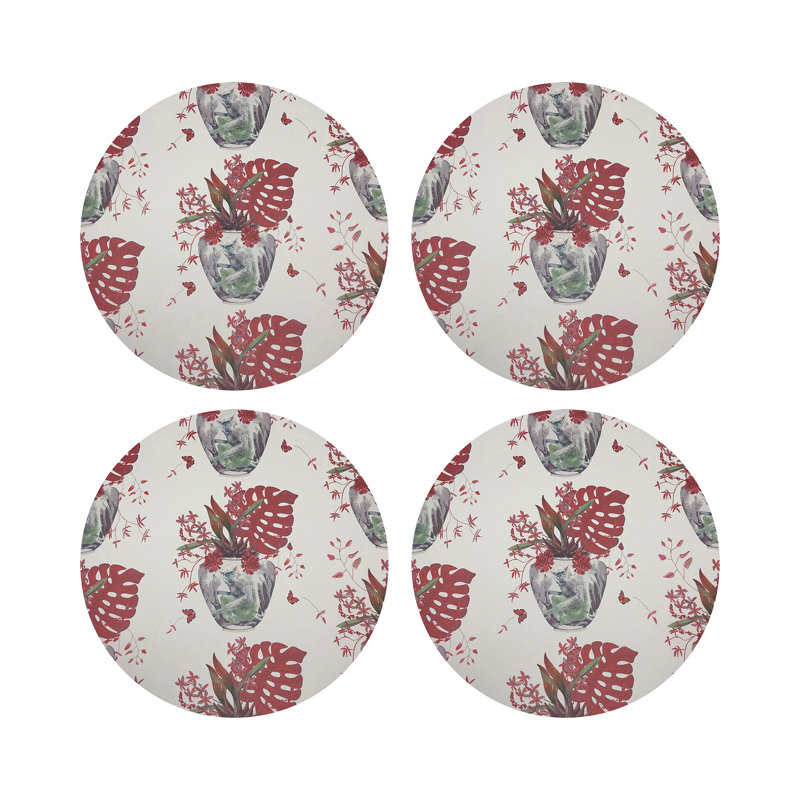 Monkey Small Jungle White Vegan Leather Round Coasters, Rouge
