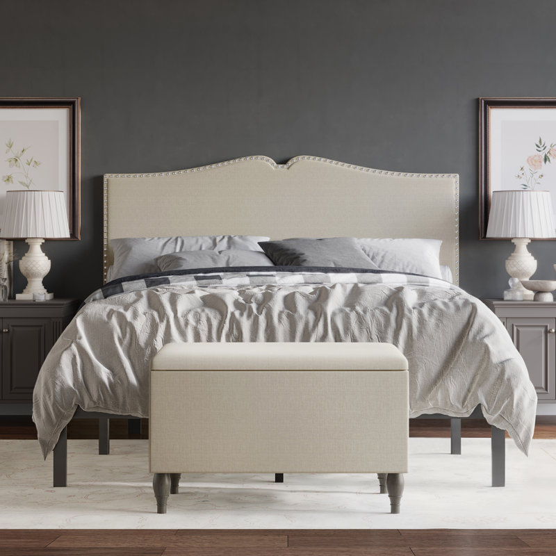 Lit à panneau tapissier avec banc de rangement Koden, Complète, Gris chaud