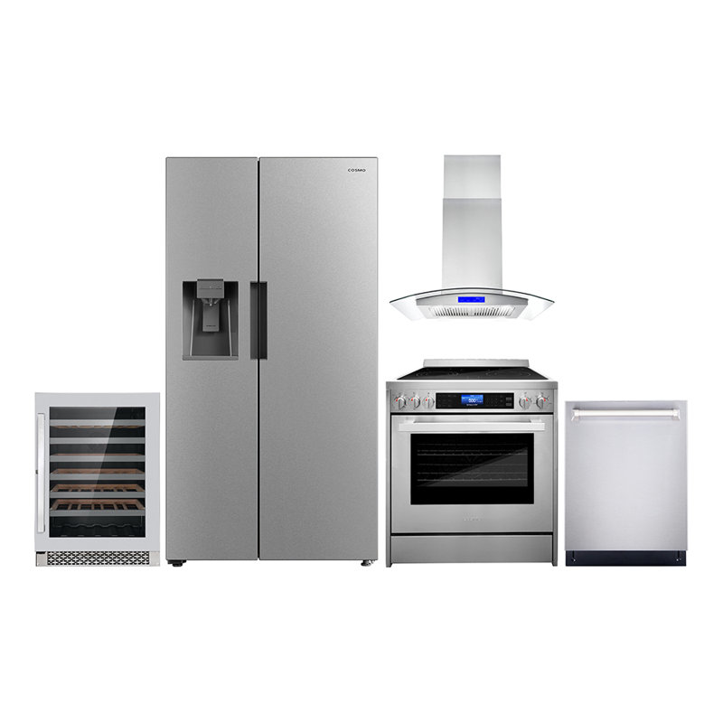 Cosmo 5 Piece Kitchen Appliance Package with Side By Side Refrigerator 29.8'' Electric Freestanding Built-In Island Range Hood