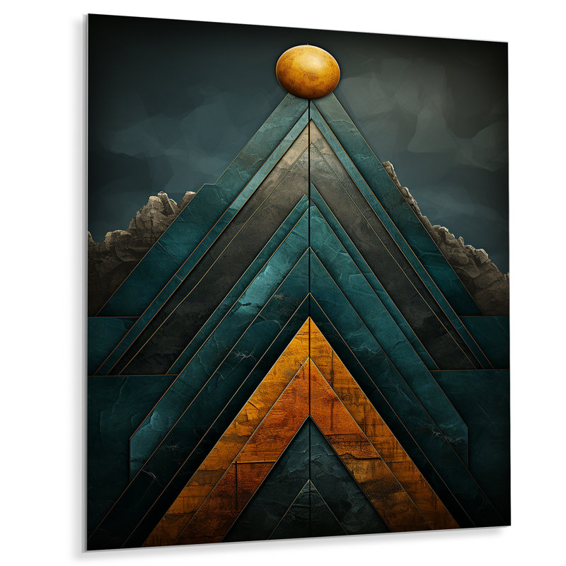Or et bleu, pyramide de chevrons en marbre - tuile abstraite, art mural en métal, H 32 po x l 16 po x P 1 po