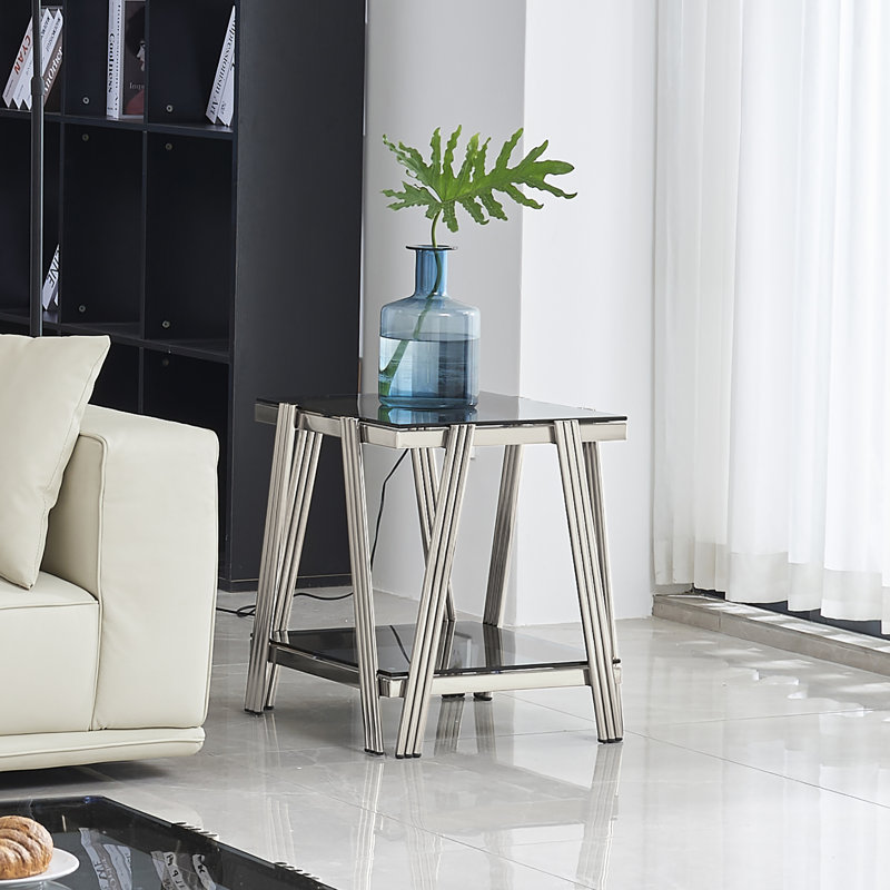 Allyse Glass Top End Table, Silver, Black