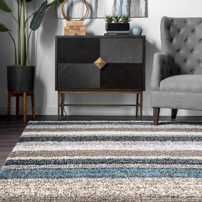 City Striped Shag Tufted Performance Brown/Teal/Blue Rug, Oval 8' x 10'