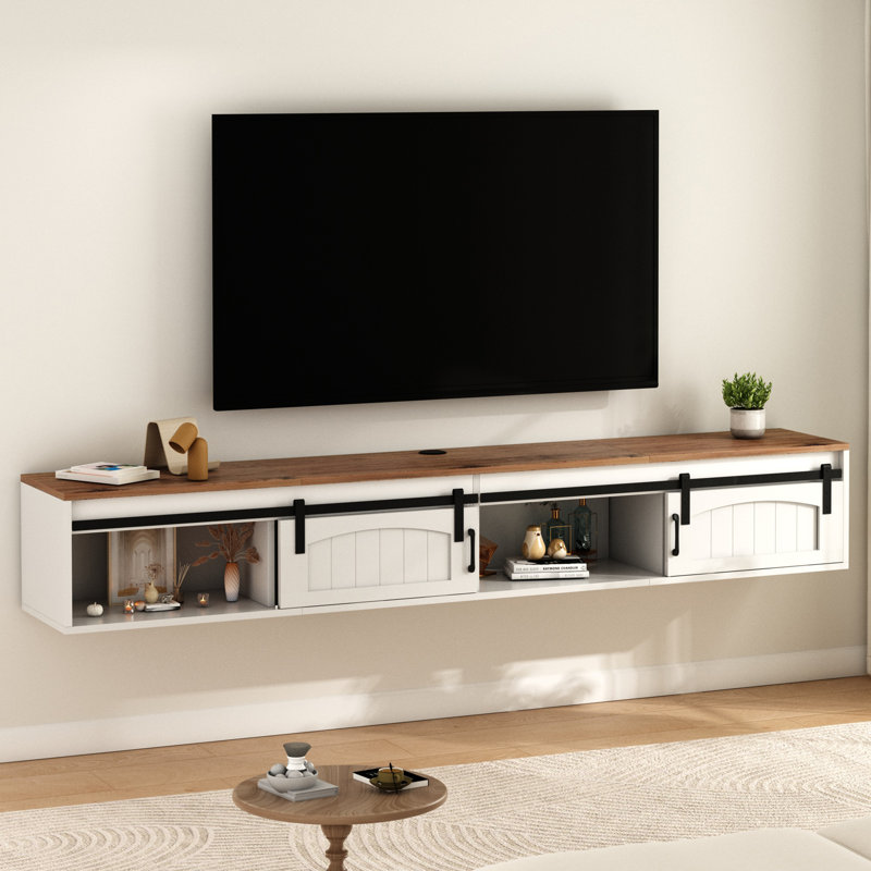 71" Farmhouse Floating TV Stand With Sliding Barn Doors, Wall Mounted Entertainment Center With Charging Station, Floating TV Shelf For Living Room, Bedroom, White