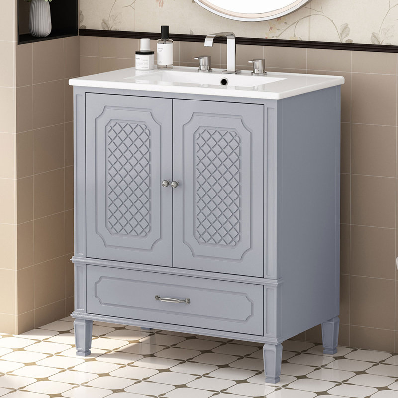 Meuble-lavabo de salle de bain avec lavabo de style rétro, espace de rangement multifonctionnel, tablette de porte, porte à fermeture en douceur