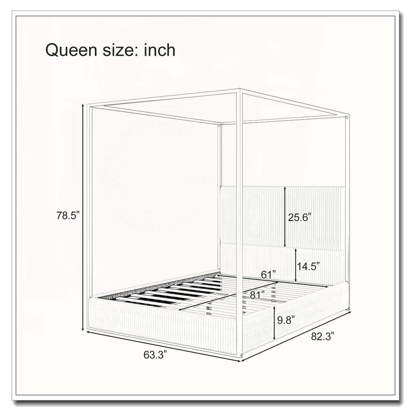 Metal Canopy Bed With Tall Corduroy Upholstered Headboard And Four Poster, No Box Spring Needed, Beige, Queen