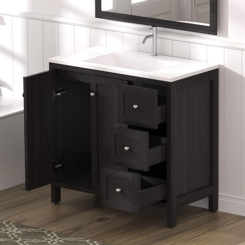 Meuble-lavabo 35,5 po, finition noire, lavabo en résine, 3 tiroirs, portes à fermeture douce, armoire à fermeture en douceur Water-American Design, conception Splash, fabrication en contreplaqué