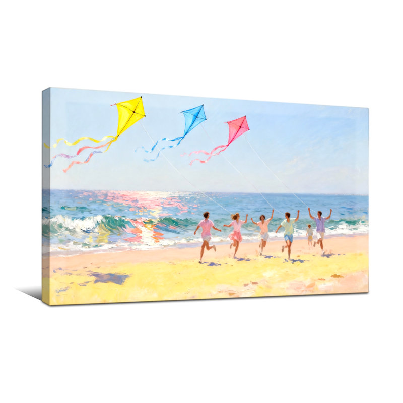 Scène de plage nautique et de plage avec cerfs-volants et coureurs, H 16 po x l 32 po