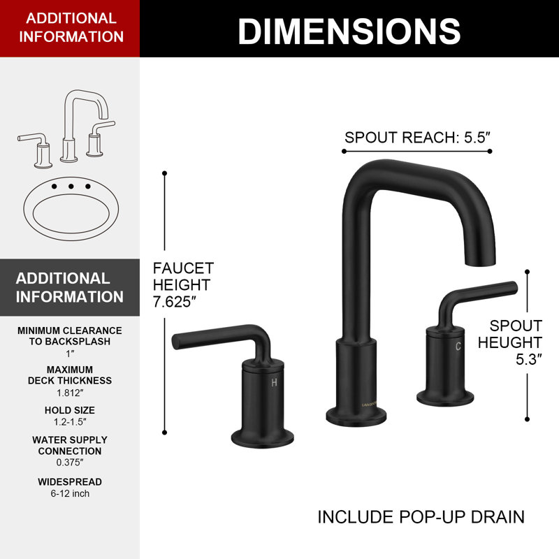 Widespread 2-handle Bathroom Faucet with Drain Assembly, Matte Black