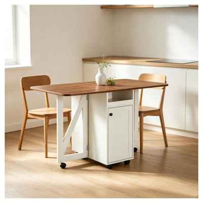 Îlot de cuisine pliable à abattants avec roulettes, table à manger en MDF beige, blanc et noyer