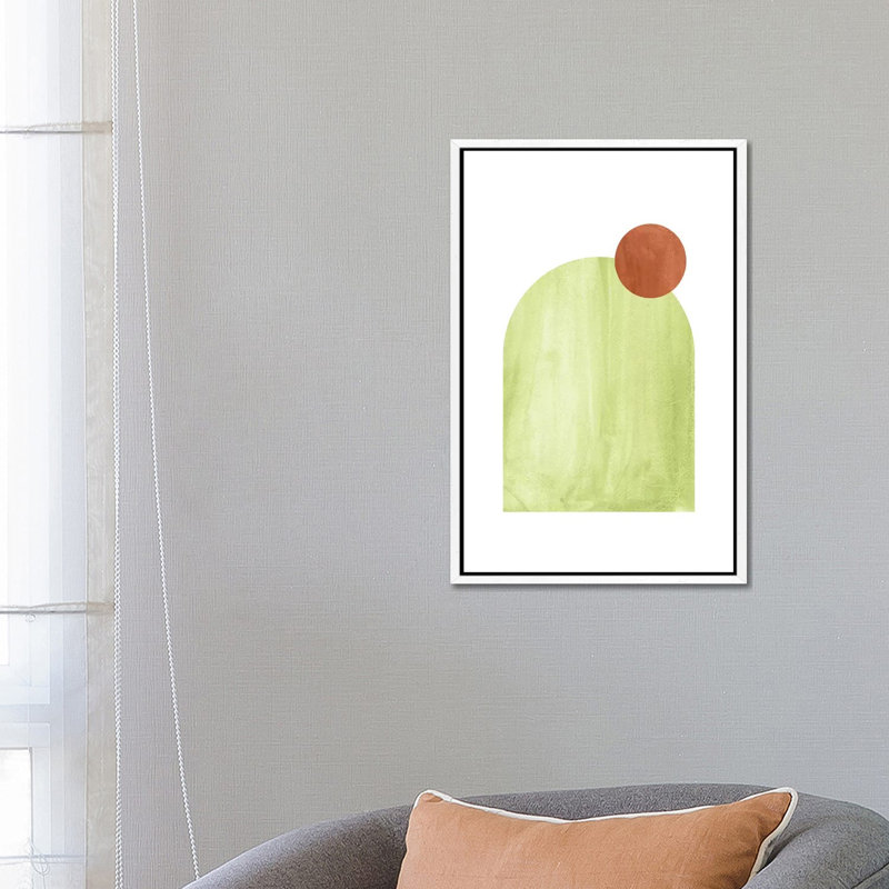 Green And Terracotta Shapes by Whales Way - Painting on Canvas, 66.04cm H x 45.72cm W x 3.81cm D, White Framed