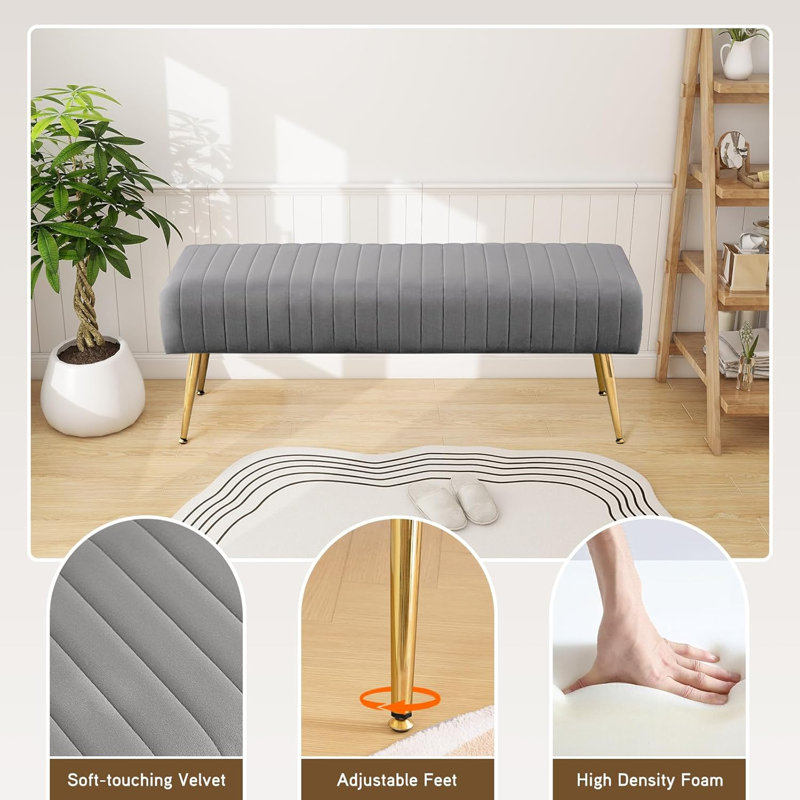 Rodjanae Velvet with Upholstery Bench, Gray