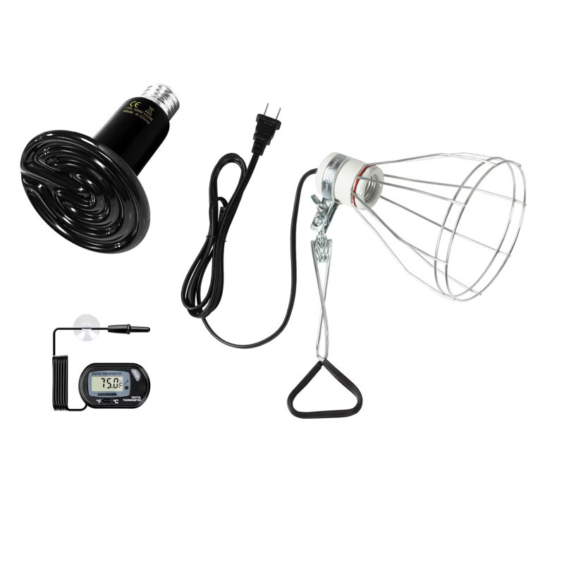 Lampe à pince simple de luxe et ampoule combinée en céramique de 150 W, gril à cage en acier avec thermomètre numérique pour reptiles, poulets et Amphibiens, argent
