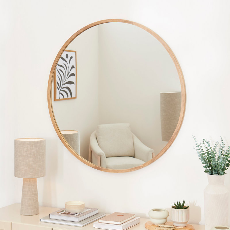 Luvine Solid Wood Round Mirror, 100 cm H x 100 cm W