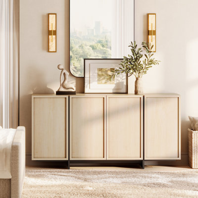 Meuble télé moderne pour téléviseur de 75 po ou moins Maisonet, meuble télé en bois avec rangement fermé à 4 portes et pieds en bois en forme de T