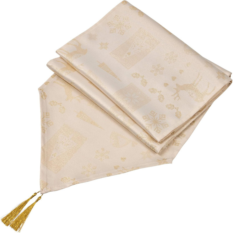 Christmas Theme Tasselled Table Runner 13in, 33cm W x 183cm L, Cream