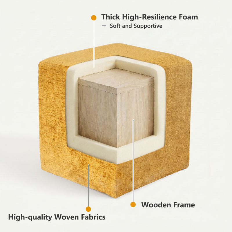Square Upholstered Ottoman With Solid Wood Frame, Yellow