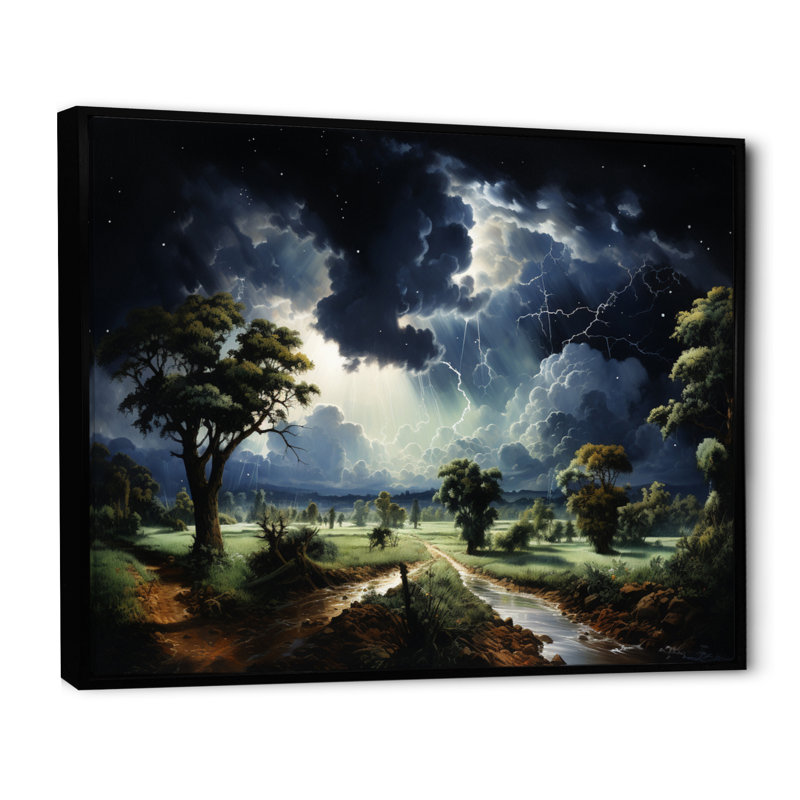 Tempête verte chassant la foudre sur toile, H 12 po x l 20 po x P 1 po, Cadre flottant noir