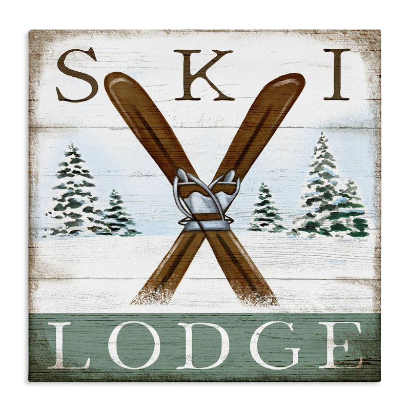 «Ski Lodge», panneau de chalet rustique enneigé, forêt, art numérique sur estampe numérique par Elizabeth Tyndall
