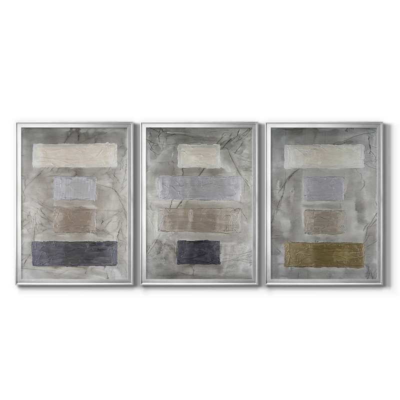 Métalliques métalliques I - Toile tendue avec châssis sur mesure - 3 pièces, H 19 po x l 45 po, Argent argent