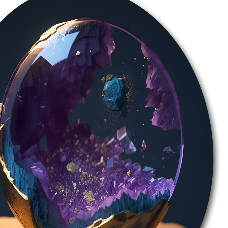 «Exploration des profondeurs de la géode mauve dorée III», art mural rond en marbre abstrait, H 23 po x l 23 po x P 1 po