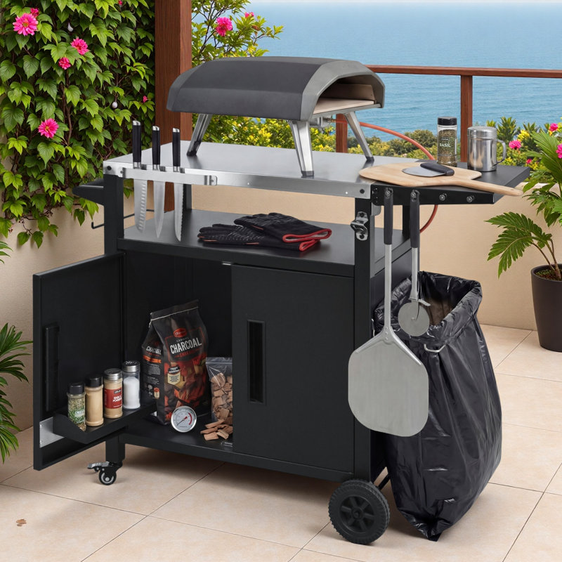 Outdoor Grill Cart Kitchen Island With Storage Cabinet, Foldable Table, Wheels, Stainless Steel Top, Hooks, Spice Rack And Waterproof Cover