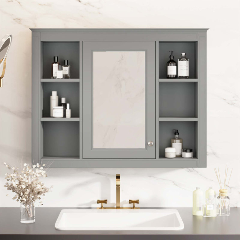 Armoire de rangement de salle de bain murale 35 po x 27,5 po avec miroir, 6 tablettes ouvertes, fabrication en panneau de fibres à densité moyenne moderne et durable