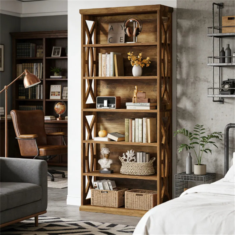 Bibliothèque décorative à panneau latéral - grande bibliothèque en bois à 5 niveaux pour présentation et rangement, 75 lb / tablette, ensemble anti-basculement, pour le salon, le bureau personnel, la chambre à coucher (L 31,5 po x l 11,8 po x H 70,8 po)