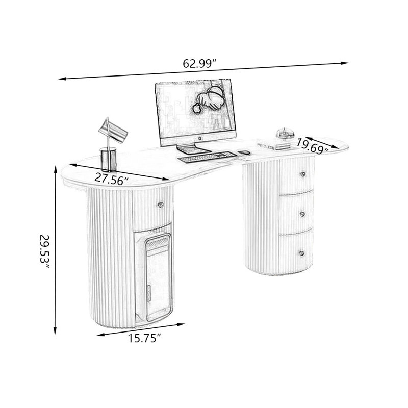 White Free Form Stone+Solid + Manufactured Wood+Leather with 4 drawers desk, 29.53" H x 62.99" W x 27.56" D