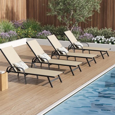 Adjustable Outdoor Lounge Chair Set of 4, Textilene Pool Recliner with 5-Position Backrest for Patio, Garden, Poolside & Balcony