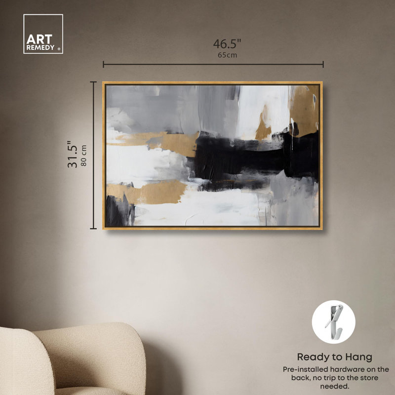 Gold Over Greys Canvas Modern Black White Abstract Art by Art Remedy, Gold Framed, 31" H x 46" W