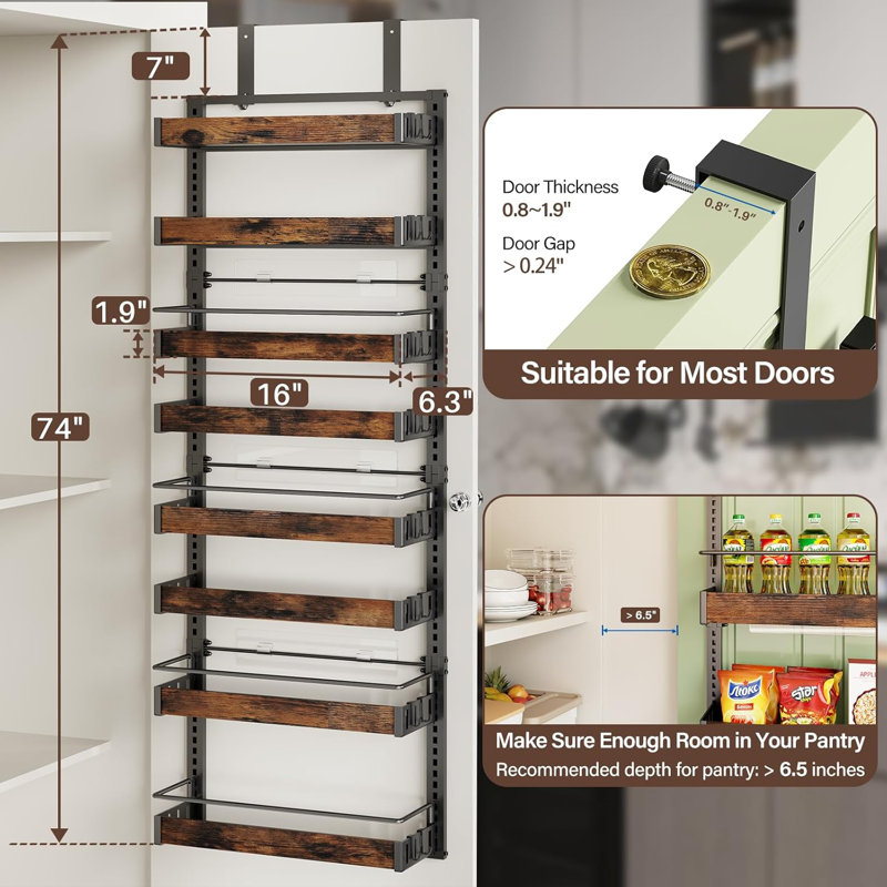 Rangement pour garde-manger à 8 niveaux, support mural 2 en 1 ou support à épices en métal, panier réglable avec crochets pour armoire de cuisine et garde-robe