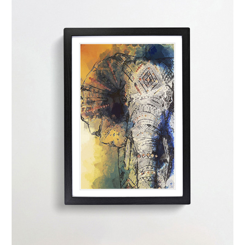 Indian Elephant in Abstract - Picture Frame Graphic Art Print, 50cm H x 35cm W x 2cm D, Black