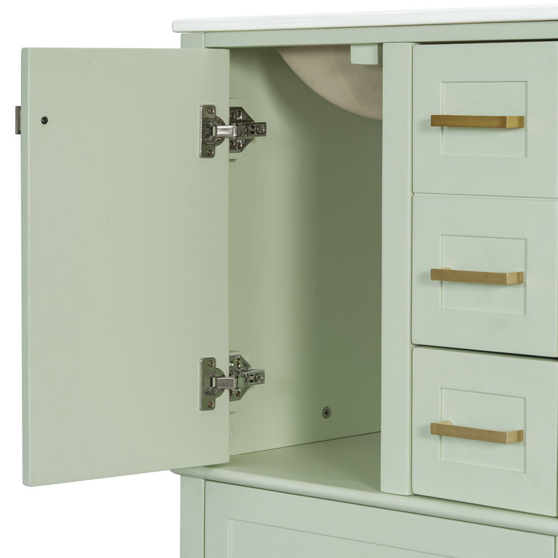 Storage Single Bathroom Vanity With Ceramic Top, Light Green, 24"