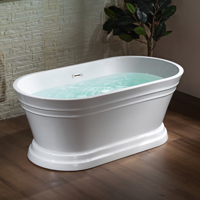 59" x 30" Freestanding Soaking Acrylic Bathtub with Pedestal, Double Ended, Non-Slip Design, White/Chrome