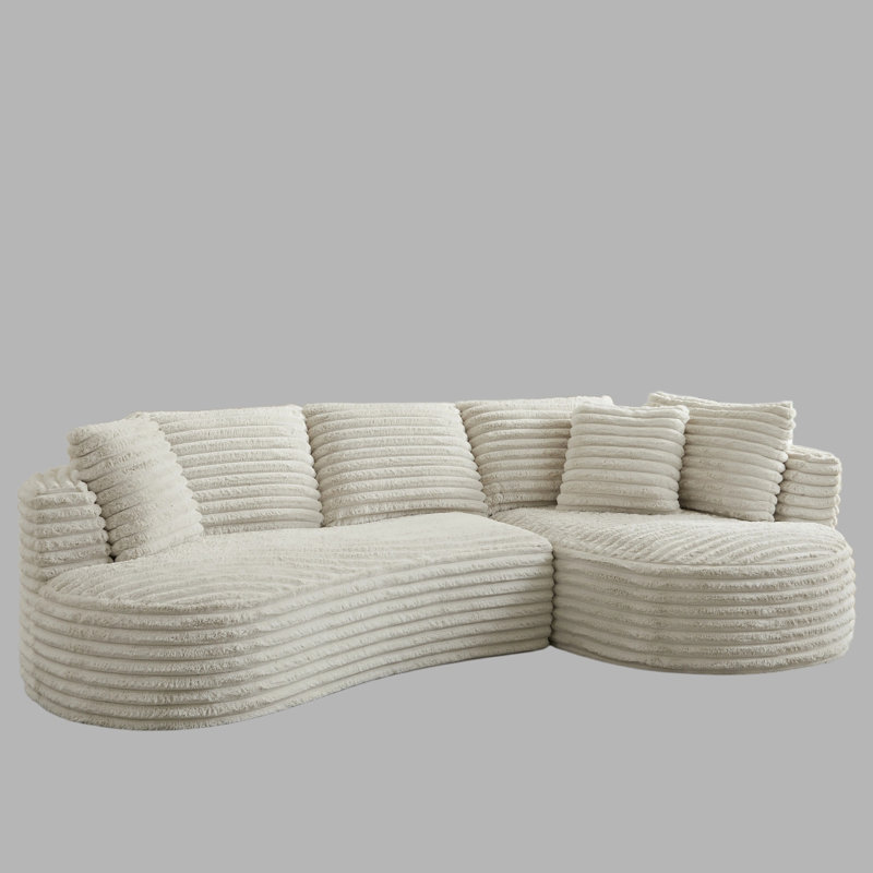 Modern Curved L-Shape Luxury Sectional, Corduroy Upholstery, Tufted Surface, No Assembly Required, 4-Seat, Cream
