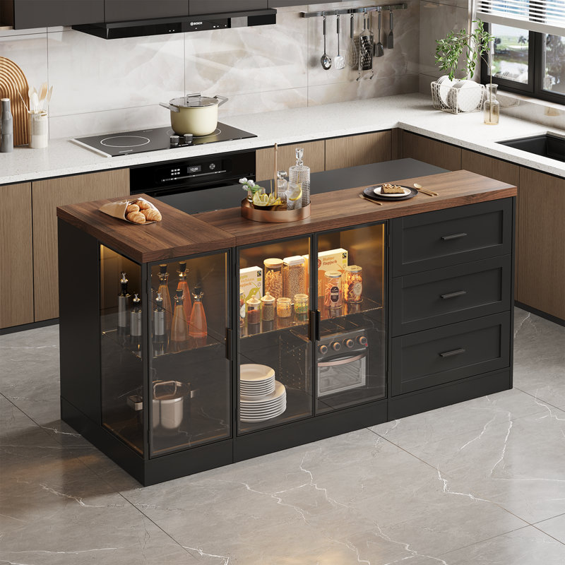 71"W Double Side Kitchen Island With Glass Door,  3 Cabinet And Drawers & Power Outlet