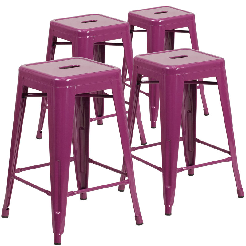 Kai Industrial Style Bar Stool - Set of 4 - Modern Metal Counter or Bar Height, Counter Stool (24" Seat Height), Purple