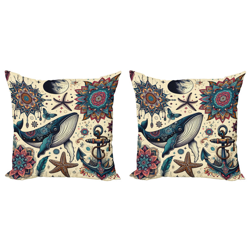 429468_Ambesonne Housse de coussin nautique 2Pack Mandala Feathers Anchor, H 16 po x l 16 po