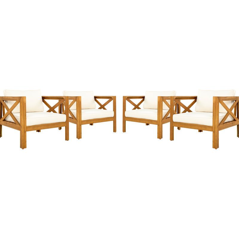 Fauteuil club d'extérieur en bois, de 4, coussins imperméables, finition, espaces, chaise ergonomique confortable, patios, jardins, design