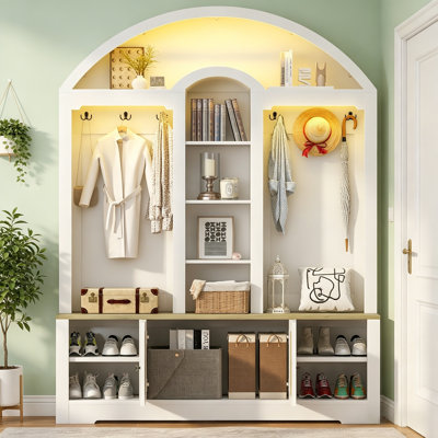 This Multifunctional Entryway Wardrobe Features Built-In Shoe Racks, Coat Racks, And Multiple Hooks; It's A Modern And Practical Storage Cabinet Made Of MDF Board.