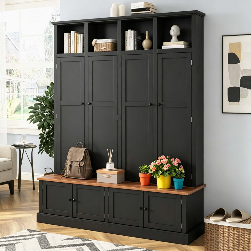 Farmhouse All-in-One Entryway Hall Tree with Cabinets, Bench and Open Cubbies, Large Mudroom Organizer, Black